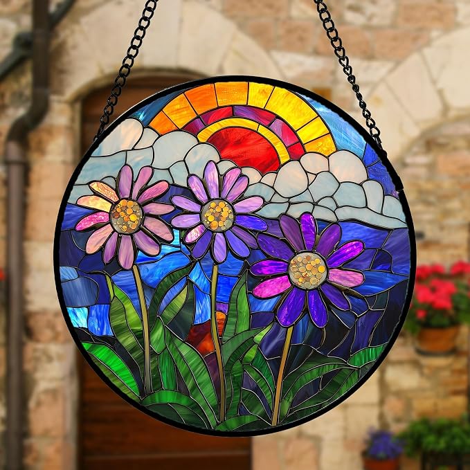 DASTOLL Stained Glass Window Hanging, Butterfly and Sunflowers Sun Catchers Glass Panel Plant Insects Suncatcher Decor for Birthday for Women, Men, Wife, Aunt, and Mom 6.3 in
