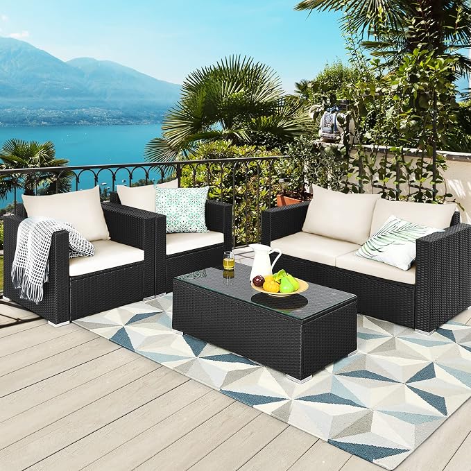 COSTWAY 4-Piece Patio Rattan Furniture Set, Cushioned Sofa Chair, Loveseat and Coffee Table with Tempered Glass Top, Outdoor Conversation Sets for Garden Poolside Balcony Porch (White)