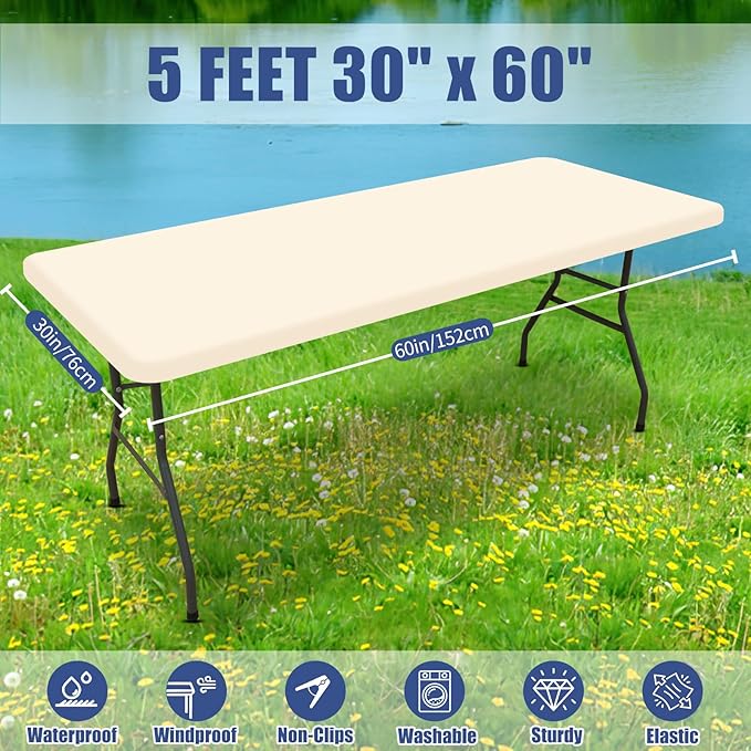 Moosfor Spandex 5 Foot Rectangle Table Cloth 2 Pack, Elastic Fitted Tablecloths for Picnic, Stretch Washable Patio Table Cover for Outdoor, Camping, Banquet and Parties (Champagne, 30"x60")