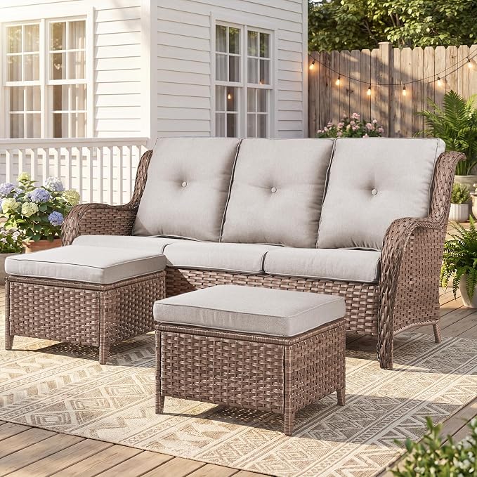 Belord 3-Piece PE Wicker Outdoor Sofa with 2 Ottomans, Luxury Patio Couch Convertible to Chaise Lounge, All-Weather High Back Deep Seat Woven Furniture for Deck, Porch - Yellow