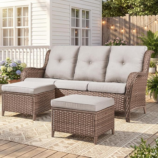 Belord 3-Piece PE Wicker Outdoor Sofa with 2 Ottomans, Luxury Patio Couch Convertible to Chaise Lounge, All-Weather High Back Deep Seat Woven Furniture for Deck, Porch - Yellow