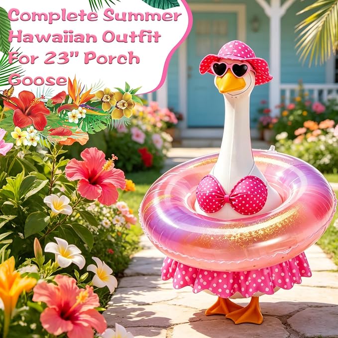 Hawaiian Porch Goose Outfit, Summer Bikini Costume with Sunglasses & Wreath, Fits 23" Goose Statue, Garden Lawn Patio Yard Outdoor Decoration (Pink)
