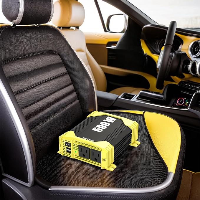 K KRIËGER 600 Watt Power Inverters for Vehicles, 12V to 110V, Car Charger with Plug Outlet, Modified Sine Wave, 2 AC Outlets, USB Ports, Cigarette Lighter & Clamps - ETL Approved Under UL STD 458