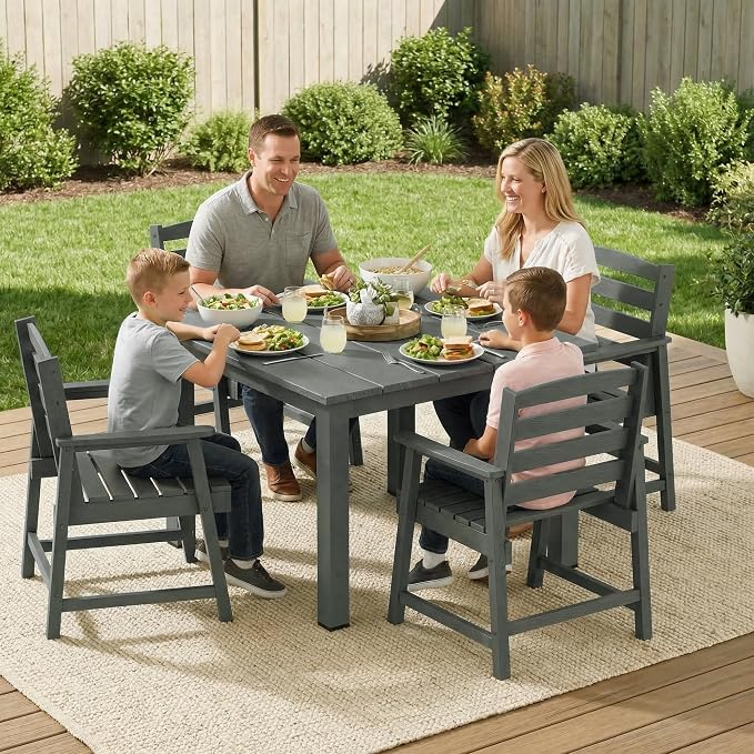 LOUNZY 5 Piece Outdoor Table and Chairs Set, HDPE Weather Resistant, Gray | 4 seat HDPE patio dining set, fade resistant and waterproof, easy clean, ideal for small outdoor spaces