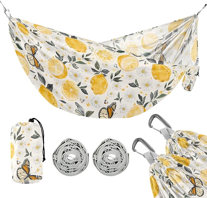 Camping Hammock Outdoor Hammocks for Outside Lemons Flowers Butterfly Beach Trees Portable Lightweight with Pockets Tree Straps Indoor