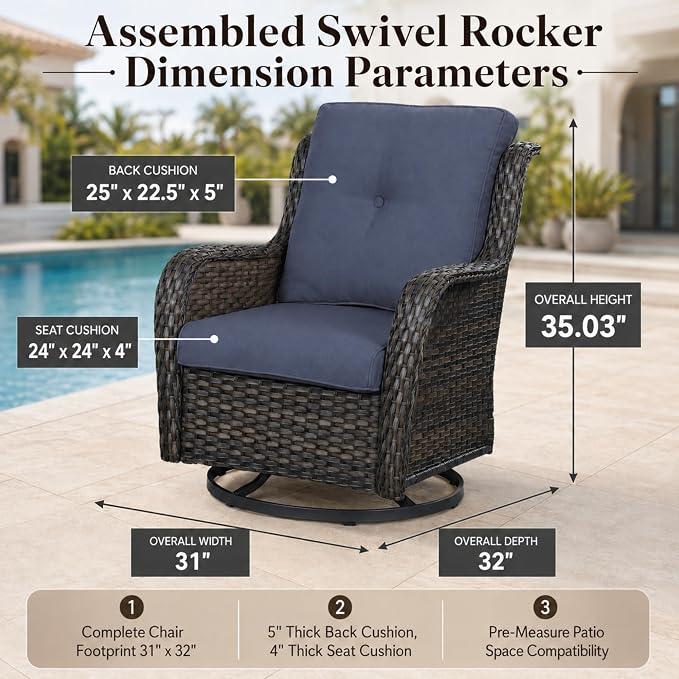 HUMMUH 2-Piece Patio Swivel Rocker Chairs Set, Wicker Outdoor Seating | 50,000 BTU fire pit, powder-coated steel frame, PE wicker, 360-degree swivel, 4-inch thick sponge cushions