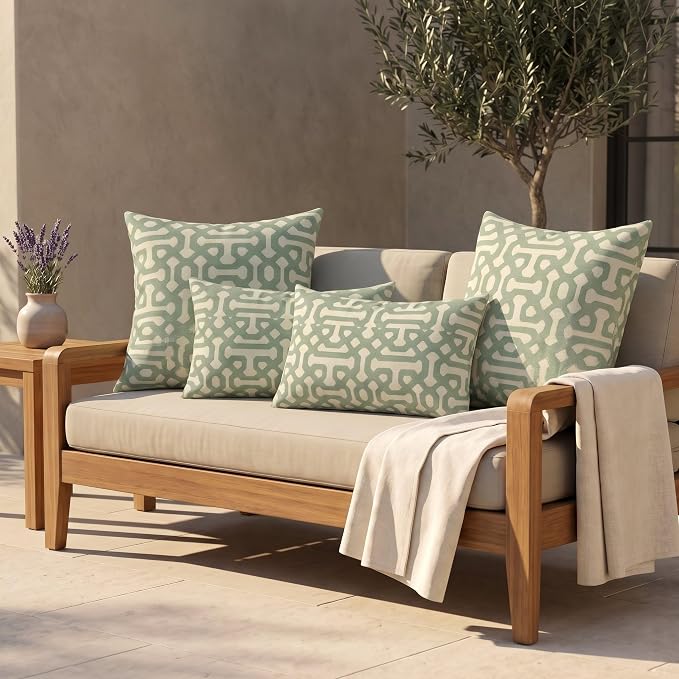RSH DECOR: Sunbrella Lumbar & Square Pillows Set of 4 | 20" x 12" & 20" x 20" | Water and Fade-Resistant Performance Fabric | Outdoor Throw Pillows for Patio Furniture | Made in USA (Fretwork Mist)