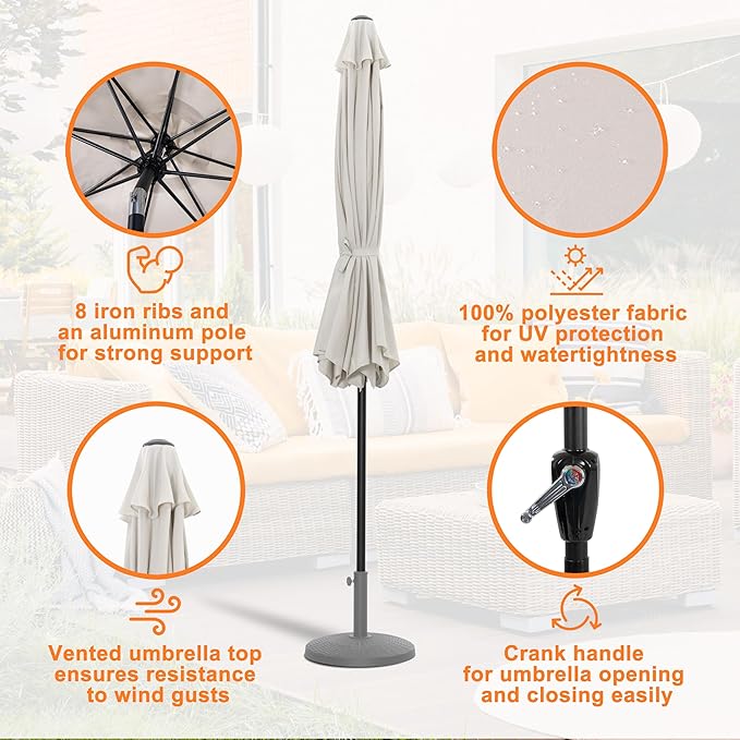 NUU GARDEN 7.5 FT Round Patio Umbrella, Outdoor Table Umbrella with Vent, 8 Sturdy Iron Ribs and Aluminum Pole, Market Umbrella with Push Button Tilt and Crank for Backyard, Poolside, Yard, Beige