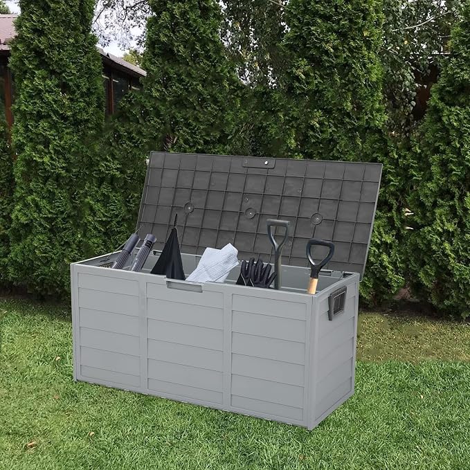 Vasitelan 75 Gallon Outdoor Storage Box, Lockable Plastic Storage Containers with Lid, Patio Deck Box Furniture for Garden, Pool, Balcony, Yard (Gray)