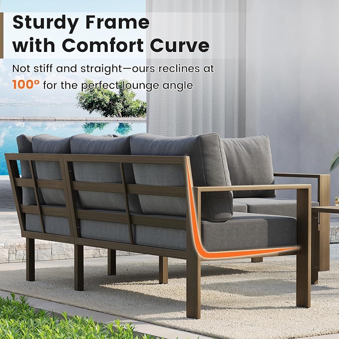 UDPATIO 6 Piece Patio Furniture Set, Metal Outdoor Sectional Sofa with 6" Thick Olefin Cushions, Wide Armrest & Coffee Table, L Shaped Outdoor Furniture for Garden, Backyard, Faux Wood Grain & Grey