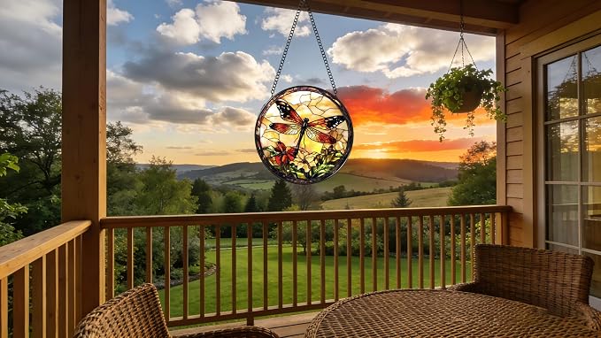 Stained Glass Window Hanging - A Dragonfly is Docked in The Garden 6.3 Inches Suncatcher for Garden Home Decor for Women Mom Grandma Friends