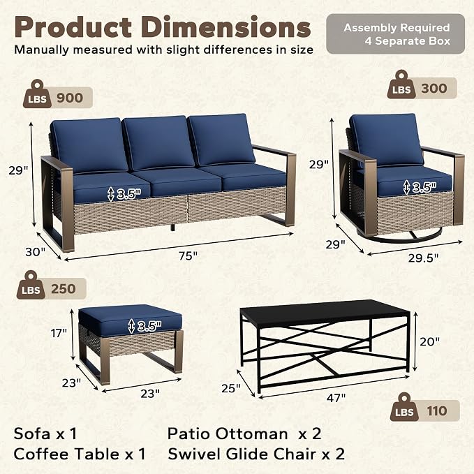 6 Pieces Metal Wicker Patio Furniture Set - 75" Sofa, Two Swivel Chairs and Two Ottomans, One Coffee Table All Weather Rattan Outdoor Conversation Furniture with Washable Cushion for Deck, Dark Blue