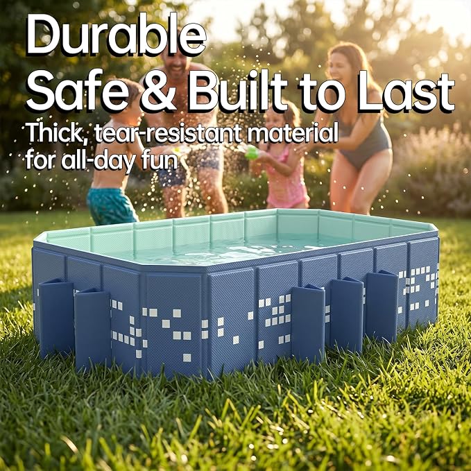 Large Foldable Swimming Pool, Mosaic Design Non-Inflatable Rectangular Pool, Oversized Thickened Framed Pool, Collapsible Pool for Kids Adults, Backyard Outdoor Pool 102.4"x65.0"x19.7"- Blue