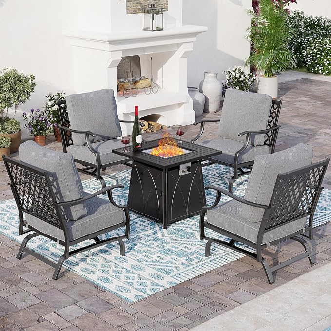 SUNSHINE VALLEY 5 Piece Metal Outdoor Patio Furniture Set with Fire Pit Table, Patio Conversation Sets 4 Rocking Chairs with 5.75" Thick Cushion and 5000 BTU Fire Pit Table, Backyard Furniture, Gray