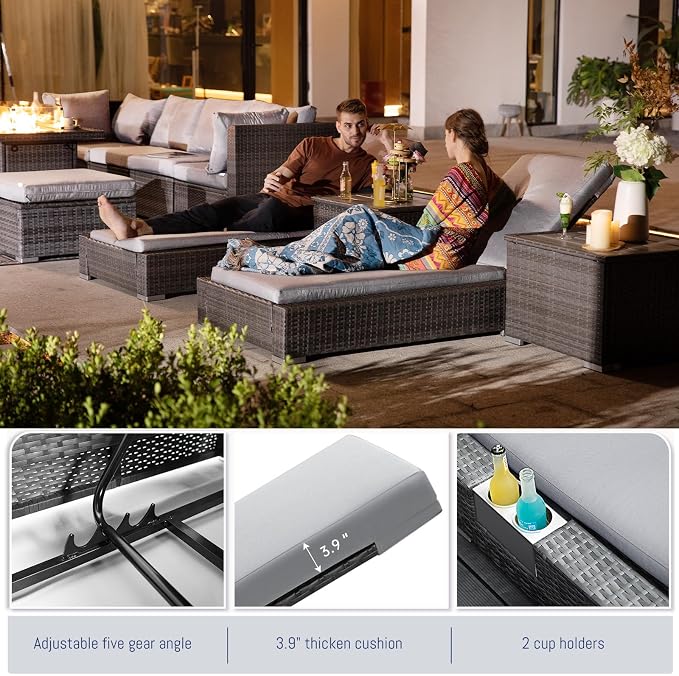 BULEXYARD 13 Piece Large High Back Grey Rattan Patio Furniture Set with Natural Gas/Propane Fire Pit and Lounge Chaise, Luxury Comfy Deep Wide Seat Outdoor Sectional Conversation Sofa Sets, Light Gray