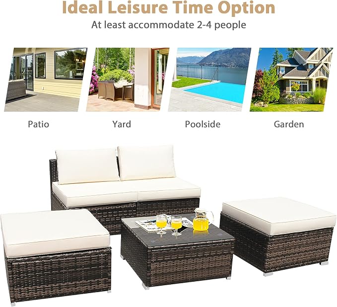DORTALA Wicker Patio Furniture Set 5 Piece, Outdoor Conversation Sets with Chairs, Ottomans, Tempered Glass Table, Cushions, All Weather Rattan Sofa Couch for Balcony, Porch, Backyard, Deck, White