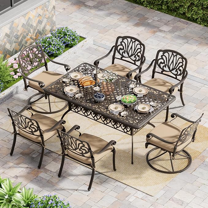 Grepatio 7 Piece Cast Aluminum Outdoor Dining Set, Patio Furniture Set with 2“ Umbrella Hole and 4 Chair & 2 Swivel Chairs with Cushions, Dining Furniture Set for Porch Poolside Garden (Khaki)