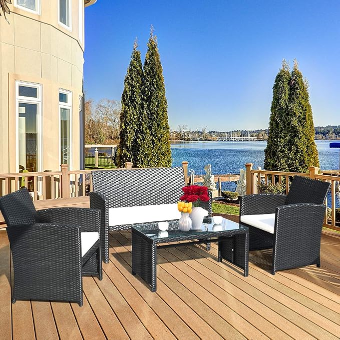 Tangkula Patio Wicker Conversation Furniture Set, Patiojoy Sofa & Table Set w/4 Seats, Outdoor Rattan Sofa Set for Balcony Backyard, Wicker Chair Set with Tempered Glass Coffee Table (1, White)