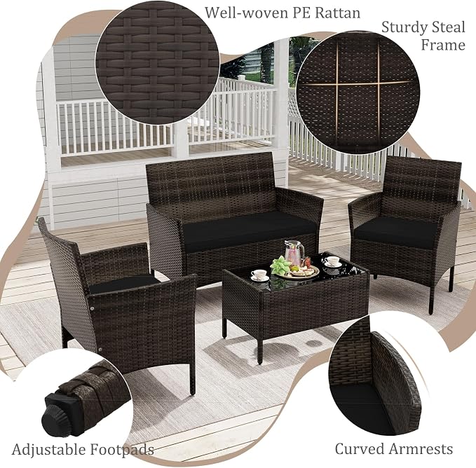 KOTEK 4 Piece Patio Furniture Set, Outdoor Rattan Conversation Set with Loveseat, Wicker Chairs, Tempered Glass Coffee Table, Wicker Patio Set for Backyard, Porch (Black)