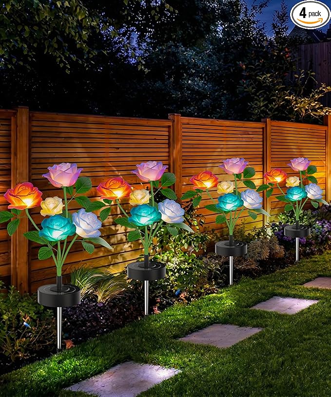 2026 Upgraded Solar Lights Outdoor, 4 Pack Solar Garden Lights with Placeable Base, 7 Color Changing Flower Lights Waterproof, Larger Panel for Yard Patio Garden Home Decor, Gift for Mom