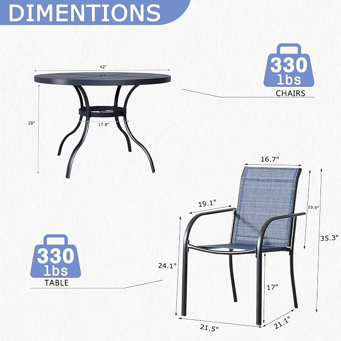 5 Piece Patio Dining Set for 4, 42” Black Round Table with Umbrella Hole and 4 Blue Patio Stackable Chairs, Patio Table and Chairs for Backyard, Lawn, Deck & Garden