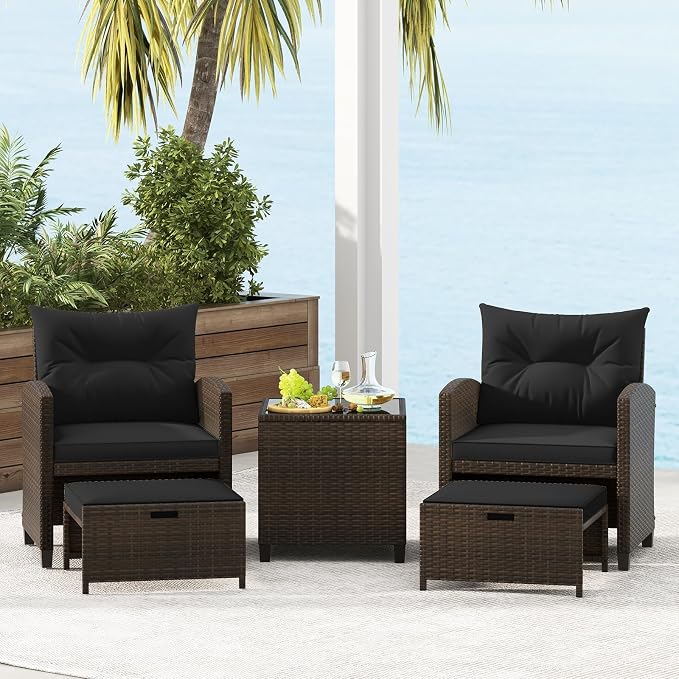 KOTEK 5 Pieces Patio Furniture Set with Ottomans, Wicker Patio Conversation Set with Coffee Table & Cushions, PE Rattan Outdoor Lounge Chairs for Backyard, Porch, Poolside (Mix Brown- Black)