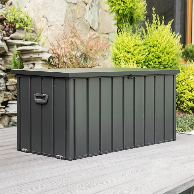 Redeer Outdoor Resin Deck Box, Waterproof Storage Box, Lockable for Patio Furniture, Garden Tools, Pool Accessories, UV-Resistant for All Weather Use (Dark Gray, 100, Gallons)