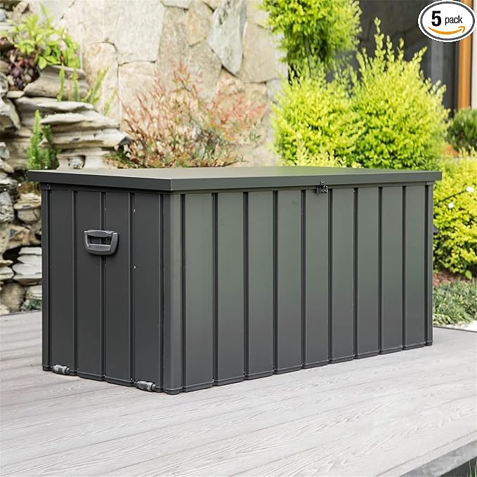 100 Gallon Outdoor Storage Box, Waterproof Steel Deck Box, Large Patio Storage Bin for Outside Cushions, Throw Pillows, Garden Tools, Lockable Storage Container, Dark Grey