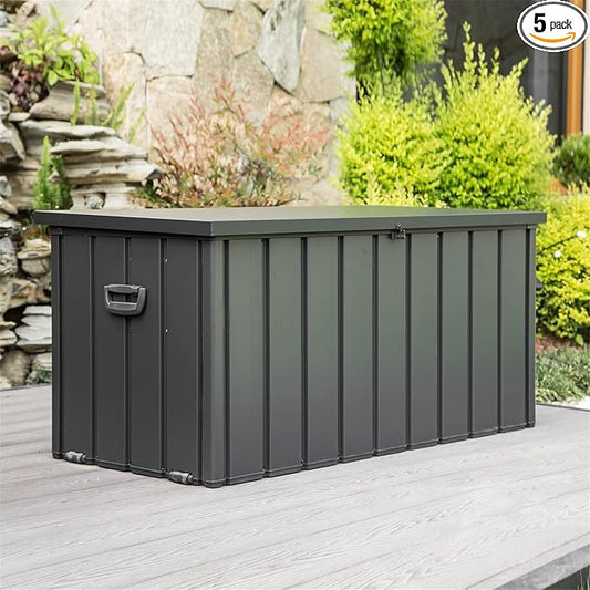 100 Gallon Outdoor Storage Box, Waterproof Steel Deck Box, Large Patio Storage Bin for Outside Cushions, Throw Pillows, Garden Tools, Lockable Storage Container, Dark Grey