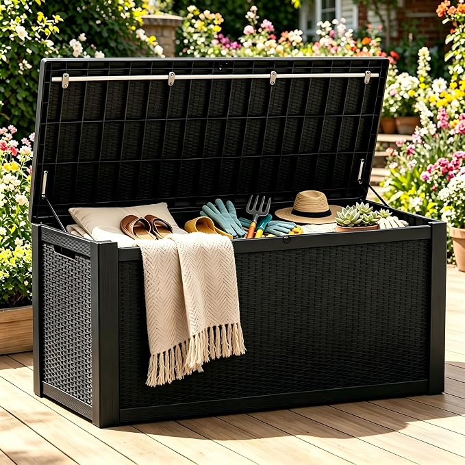 328 Gallon Waterproof Outdoor Storage Box, Heavy Duty Resin Deck Box Lockable, Large Outside Patio Storage Bench for Garden Tools & Pool Accessories, Hydraulic Lift, All-Season UV-Resistant, Black