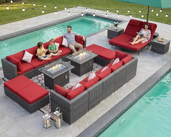 NICESOUL 20 Piece Outdoor Patio Furniture Set with Fire Pit and Chaise Lounge, 500 lbs High Weight Capacity Outdoor Sectional with Fire Pit, 16-Seat Deep Seating Sectional, Charcoal/Burgundy