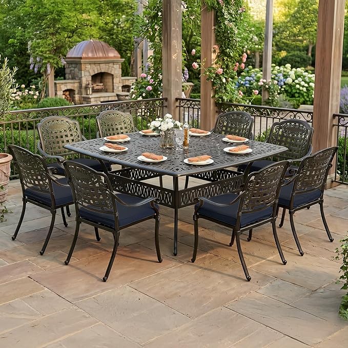 VIVIJASON 9-Piece Outdoor Dining Set, Cast Aluminum Retro Patio Furniture Table and Chairs Set for 8, Include Large 64" Square Dining Table and 8 Cushioned Chairs with Umbrella Hole, Navy Blue