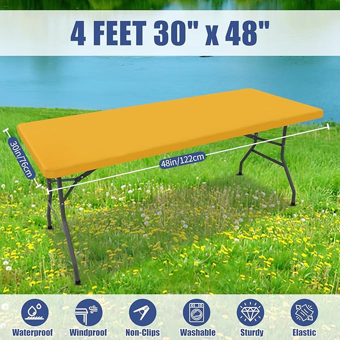Moosfor Spandex 4 Foot Rectangle Table Cloth 2 Pack, Elastic Fitted Tablecloths for Picnic, Stretch Washable Patio Table Cover for Outdoor, Camping, Banquet and Parties (Mustard Yellow, 30"x48")