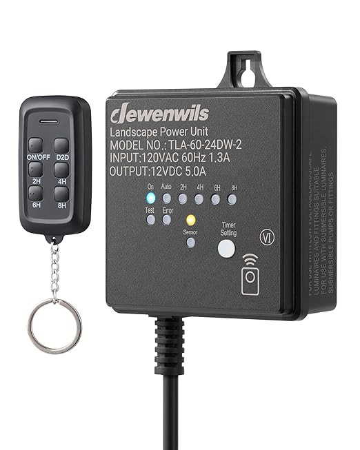 DEWENWILS 60W Low Voltage Transformer with Remote, Dusk to Dawn, Timer | 120V AC to 12V DC, Outdoor Low Voltage Transformer for Spotlight, Garden Light, Pathway Light