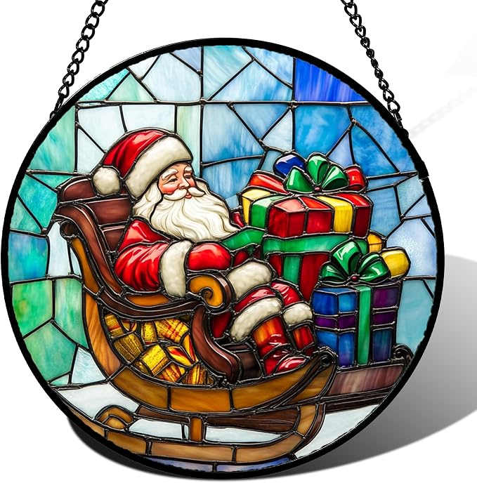 DASTOLL Stained Glass Window Hanging - Santa Claus Gift BoxSuncatcher for Doors Home Christmas Decoration Winter Sun Catcher Thanksgiving New Year Birthday Gift for Women Men Mom Nana 7.8 in
