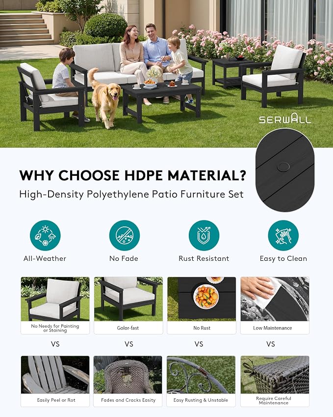 SERWALL HDPE Outdoor Couch with Coffee Table & Side Table & 15FT Umbrella