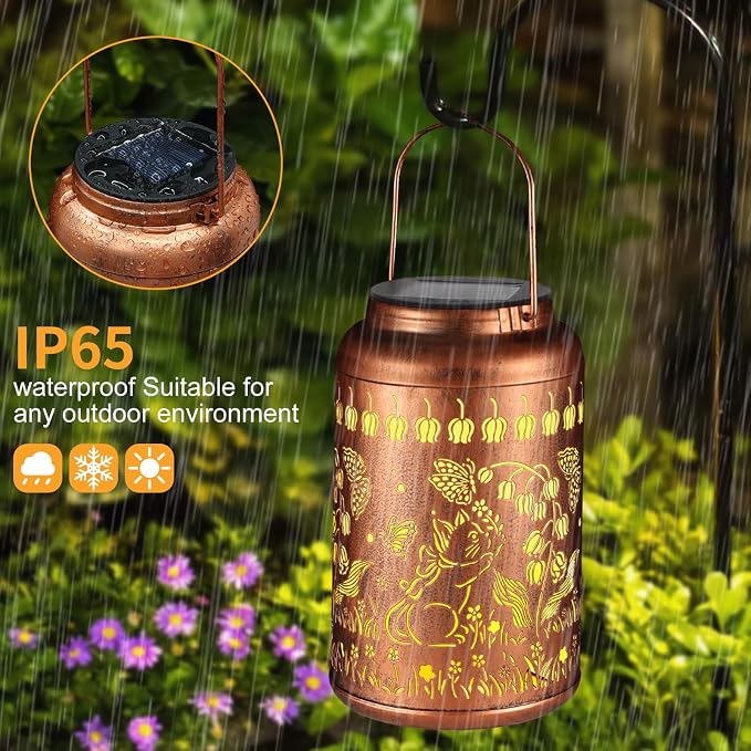 2 Pack Cats Solar Lanterns Outdoor Waterproof Garden Decor | Metal Hanging Solar Lights Birthday Gifts for Grandma Mom Solar Decoration Outside for Yard, Patio, Backyard, Porch