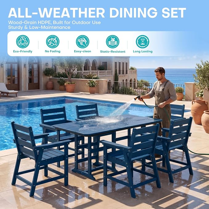 5-Piece Dining Set, HDPE Table & 4 Chairs, Navy Blue | HDPE Dining Set: 69.1" Table + 4 Chairs, 380 lbs, 304 Stainless, All-Weather, No Rust No Crack, Outdoor Patio Garden