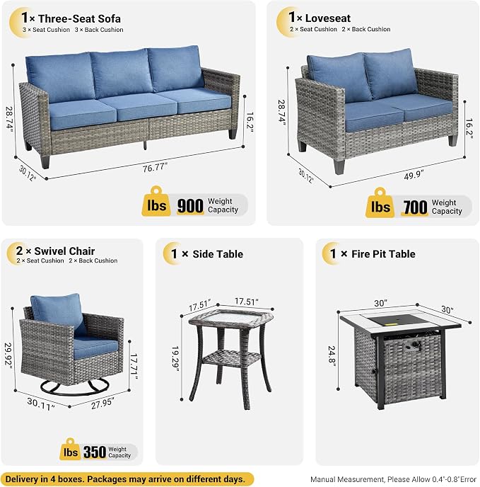 ovios 6 Pieces Patio Furniture Set with Square Fire Pit Table, Swivel Rocking Chairs, Loveseat, Outdoor High Back Wicker Rattan Conversation Set for Deck Porch, Denim Blue