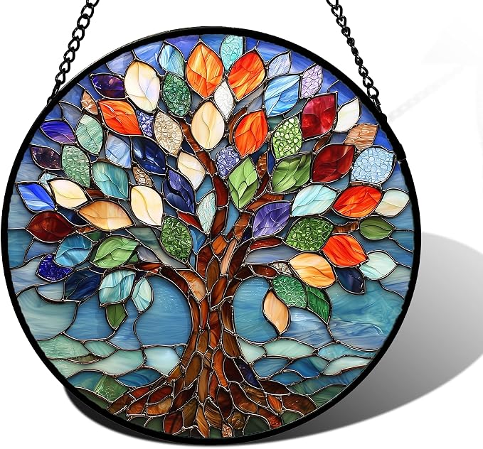 DASTOLL Stained Glass Window Hanging, Colorful Tree of Life Sun Catchers Glass Panel Blue Suncatcher Decor for Birthday for Women, Men, Wife, Aunt, and Mom 9.8 in