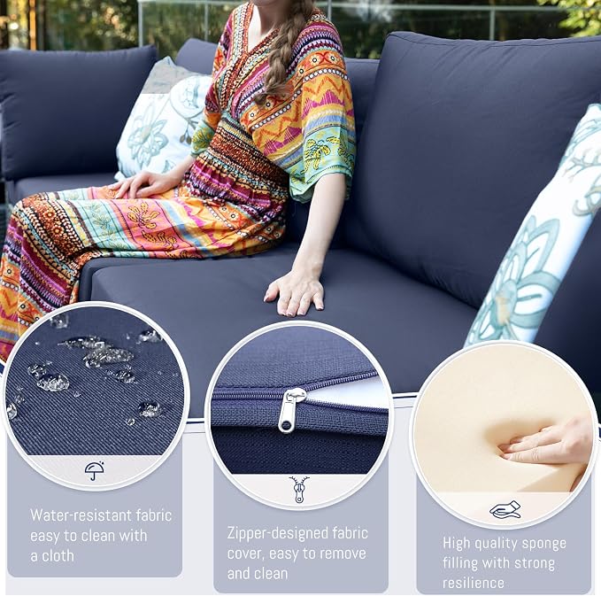 BULEXYARD 11 Piece Large High Back Grey Rattan Patio Furniture Sets with Firepit Table and Loungers, Comfortable Deep Wide Seat Outdoor Sectional Conversation Sofa, Gray Wicker and Navy Blue Cushion