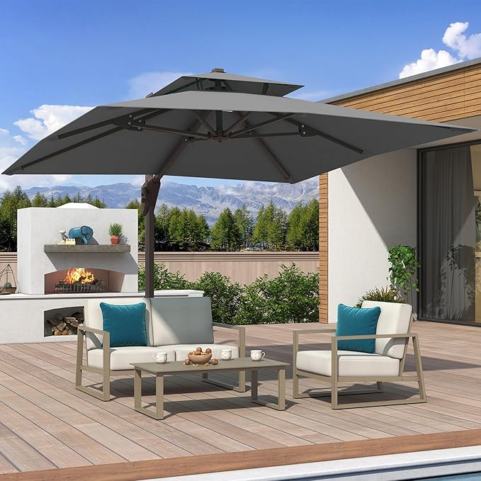10x10 FT Cantilever Patio Umbrella Double Top Outdoor Square Large Heavy Duty Aluminum Offset Umbrellas with 7 Level Tilt 360-degree Rotation for Pool Garden Deck, Grey