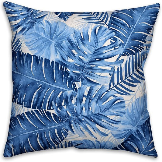 Blue Watercolor Fronds Indoor/Outdoor Pillow | Decorative Pillows for Living Room Couch Bed Sofa Patio, Fluffy Soft Cushion | Water Resistant Blue, 18x18