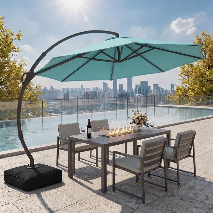 LAUSAINT HOME 11ft Patio Cantilever Umbrella with Base Included, Outdoor Curvy Round Offset Umbrella, Heavy Duty Aluminum, 360° Rotation for Pool, Deck, Lawn, Backyard (Turquoise Blue)
