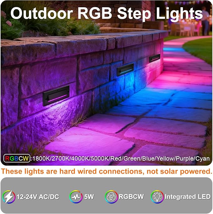 Outdoor Step Lights, 5W 12V Landscape LED RGB Color Changing Outdoor Low Voltage Deck Step Stair Lights Wired for Railing Fence Retaining Wall Christmas Decorations, Heavy Duty, Black, 6PK