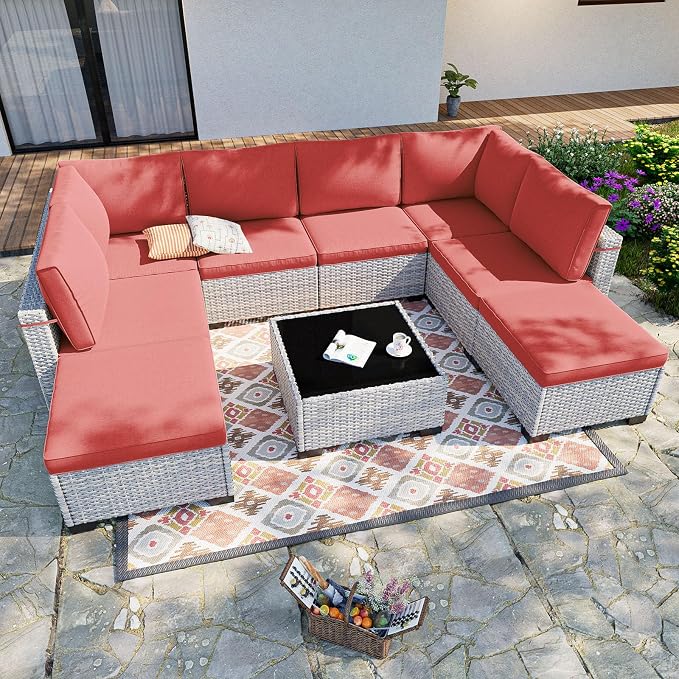 9-Piece Patio Furniture Set, Outdoor with Ottomans, Modular Patio Sofa, Dual-Strand Wicker Rattan, Rust-Resistant Frame, Backyard Furniture for Garden, Deck, Red