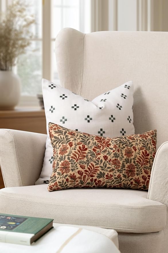Modern Farmhouse California Casual Indoor Outdoor Lumbar Pillow Cover, 12"x20" Water Repellent for Patio, Backyard, Couch, Poolside, Rust Orange Print Sketch Botanical Flowers and Leaves