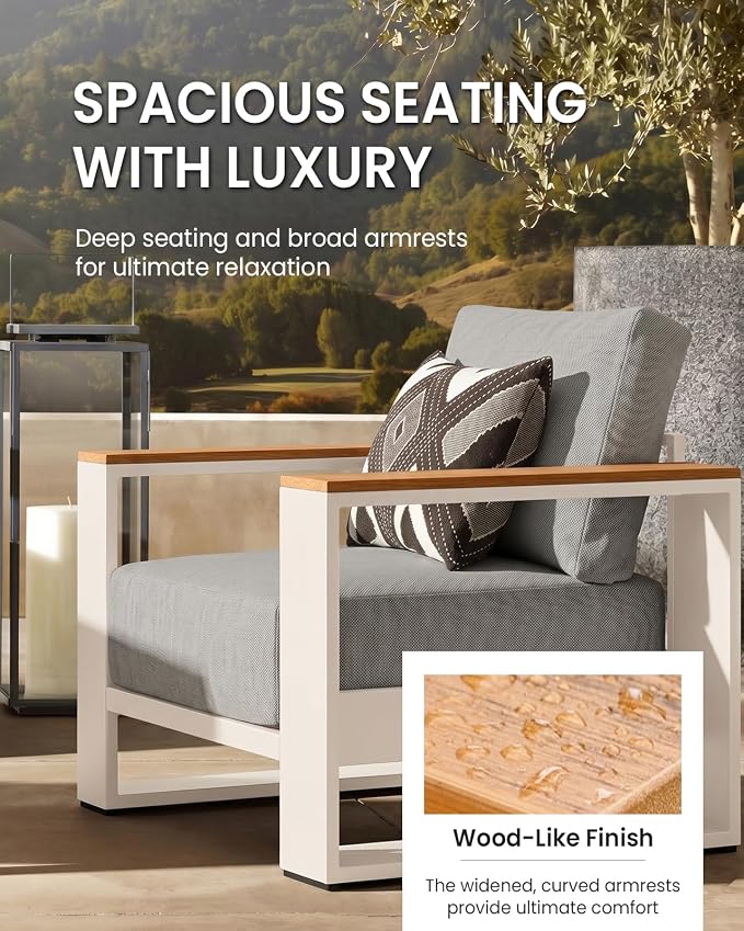 Oversized Aluminum Patio Furniture, 1 Piece Luxury Outdoor Furniture with 7.1" Extra Thick Cushion, Modern Outdoor Sectional Loveseat for Porch, Garden and Deck, Gray