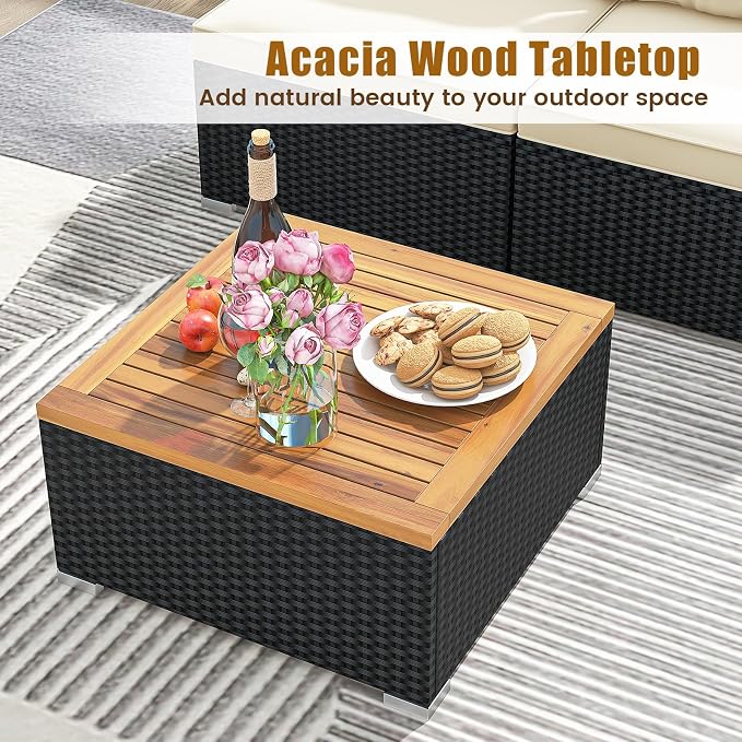 5 Pieces Patio Furniture Set, Outdoor Sectional Sofa with Acacia Wood Coffee Table & Cushions, Wicker Patio Conversation Set for Porch, Deck, Balcony, Poolside & Backyard (Off White)