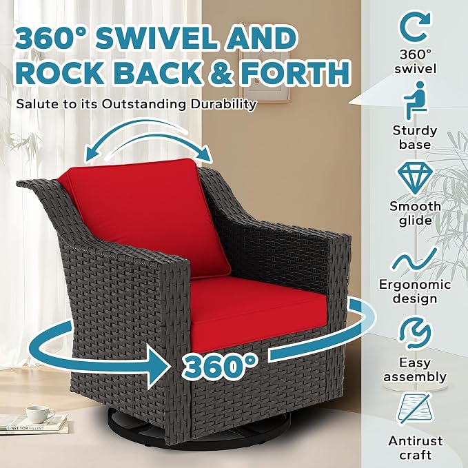 7 Pieces Outdoor Conversation Furniture Set - 77" Patio Sofa, 2 Armchairs, 2 Swivel Glider Chairs, 1 Side Table, 1 Metal Table, Patio Wicker Couch with Washable Cushions for Porch (Red)